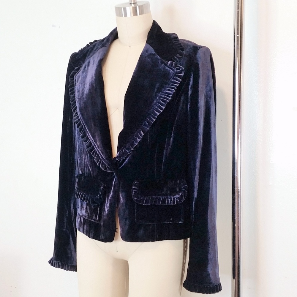 Blue Panne Velvet Blazer Jacket Ruffle Trim - Picture 2 of 8